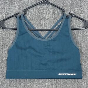 Skechers Sports Bra Womens Medium Teal Blue Ribbed Racerback Crisscross Straps
